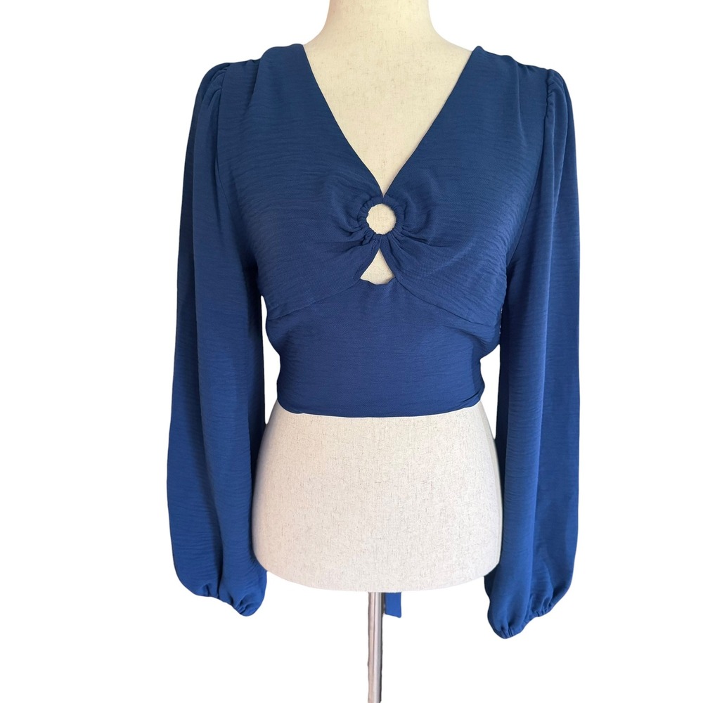 And Now This Women Blue Peony O-Ring Cutout Tie-Back Crop Top S Coquette Boho